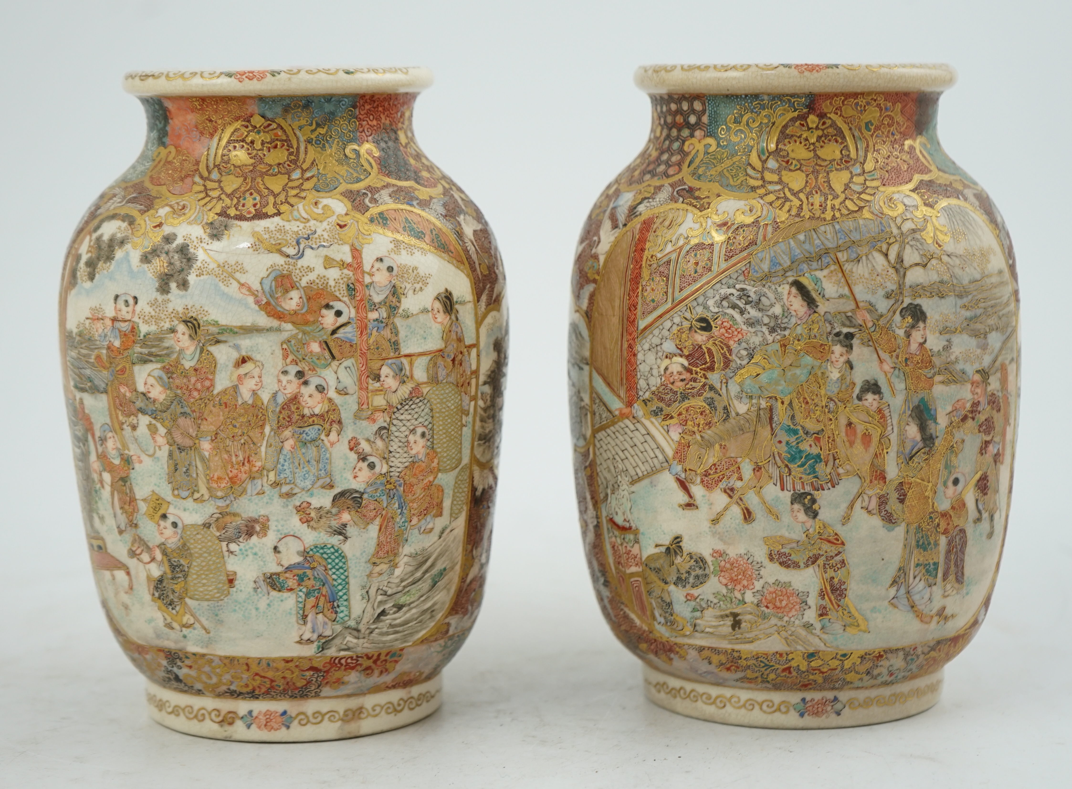 A pair of Japanese Satsuma 'boys' ovoid vases, Meiji period